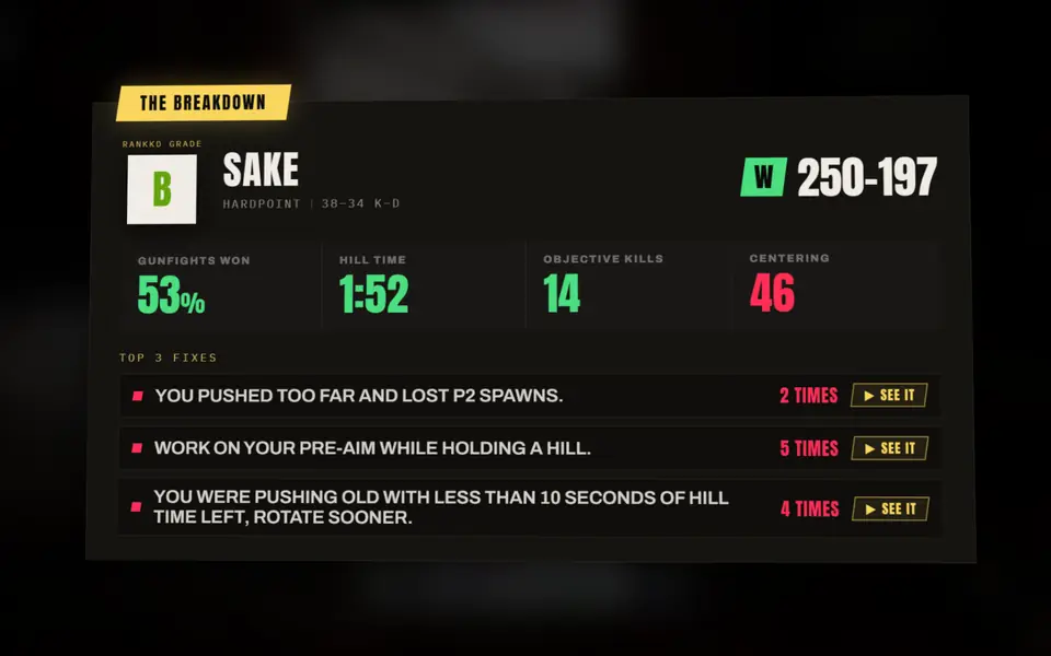 The Breakdown card: a match grade, four gunfight stats and the top three fixes, each with a See it button