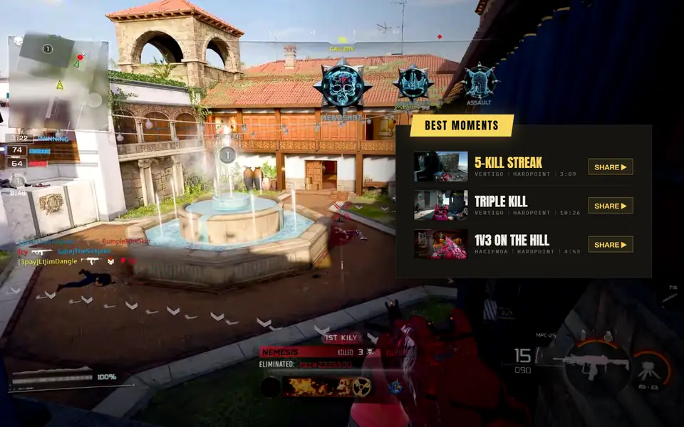 Best Moments panel listing a 5-kill streak, a triple kill and a 1v3 on the hill, each with a Share button